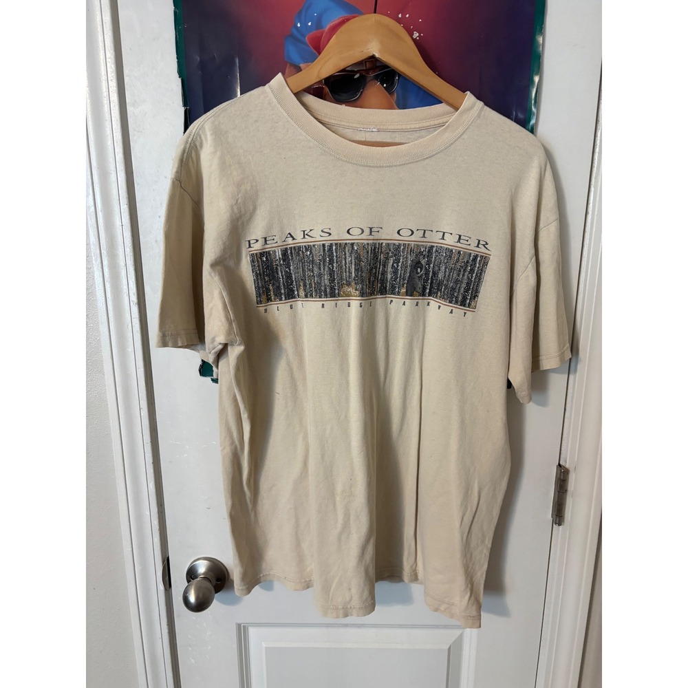 Vintage Peaks of Otter Blue Ridge Parkway Bear art T-Shirt Tan Mens XL